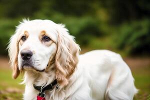 Portrait of a beautiful English Setter dog in the park. photo