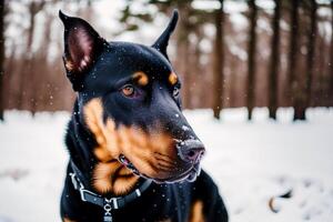 Portrait of a beautiful purebred doberman dog in the park. photo