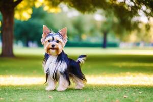 linda de pura raza australiano sedoso terrier. retrato de un hermosa australiano sedoso terrier perro jugando en el parque. generativo ai foto