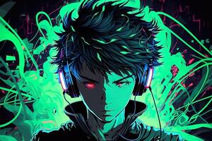 an neon gamer anime fashion boy or man wearing headphones, lost in his music. abstract background that evokes the feeling of different genres of music. banner music concept photo