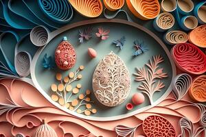 paper cut quilling multi dimensional easter egg in easter celebration, a lot of egg and small rabbit in background. Spring concept. photo