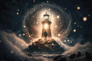 Metal Bronze lighthouse, small hooded figure with lantern at the base, a bright white large glowing ball of electric light at top of light house. technology photo