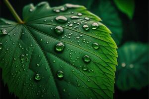 verde hoja antecedentes cerca arriba ver con Rocío gotas en hojas. naturaleza follaje resumen de salir textura para demostración concepto de verde negocio y ecología para orgánico verdor antecedentes. generativo ai foto