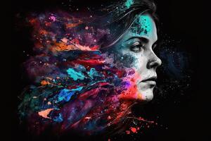 Beautiful fantasy abstract portrait of a beautiful woman double exposure with a colorful digital paint splash or space nebula, photo