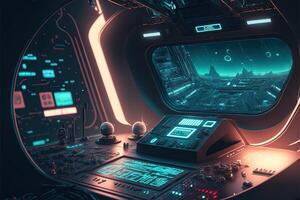 Futuristic navigation system, AR space, floating in the space, flat design, information graphic. Sci-fi space exploration concept. Inside view of the sci-fi cabin of the pilot . photo