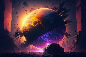 Cyberpunk planet, solar system-punk, the entire universe is collapsing in on itself. Human in the ruined city, destroyed earth, digital painting. Concept apocalypse. Black hole in space photo