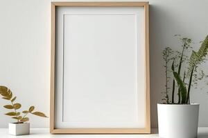 Blank picture frame mockup on wall in modern interior. Artwork template mock up in interior design. Wooden Picture Frame Mockup on White Wall Minimalist - photo