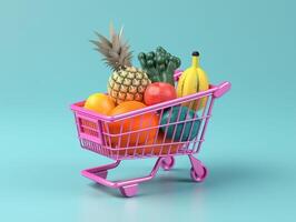 Shopping cart full of fruit, 3d illustration shopping concept. photo