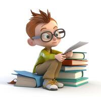 Cartoon 3d character reading a book, study concept. photo