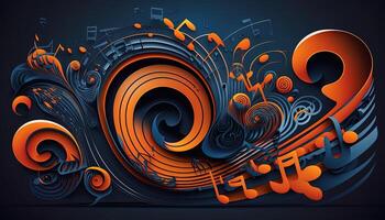 Background banner Music and sound with some technology, orange and dark blue color.Gold music notes and treble clef on line wave of sound tune. illustration template for music festival photo