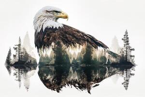 Bald eagle and the Pacific Northwest, double exposure photography. Generative AI. Leader, courage, strong and brave, majestic lion. Scout photo