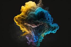 a colorful smoke cloud is shown in this image, it looks like it is floating in the air and is very dark and blue and yellow, with a black background. photo