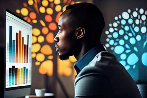 young businessman sitting in front of a computer screen, staring intently at their website's analytic dashboard, Show the website as a vibrant, media platforms, advertising channels. photo