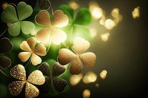 Festive background with shining clover shamrocks and golden bokeh. St. Patrick's Day backdrop. illustration photo