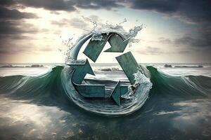 Recycle symbol in the ocean. Green energy concept, no more trash and plastic in sea. Save the ocean from garbage. Protecting the oceans and seas. Eco power photo