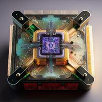 a quantum chip, A futuristic glowing CPU quantum computer processor. Digital chip with HUD elements. Futuristic microchip processor. Modern CPU illustration . Central Computer Processors photo