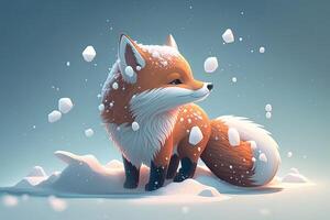 Cute red fox baby cartoon dreamlike in snow, winter, . Animal and landscape concept. photo