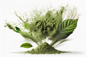 powder flavored explosion white background with kratom leafs mockup for matcha tea. photo