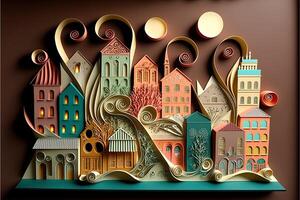 paper quilling style urban design. Multidimensional paper quilling craft illustration a small city. photo