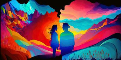 Generation AI abstract colorful vibrant colors male and female look together with landscape background. Concept of love photo