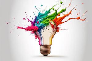 illustration of colorful bulb with splash of colors on white background. Creativity, eureka, imagination, inspiration. . Idea and solution concept photo