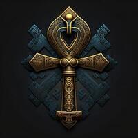 Ancient golden ankh symbol isolated on dark background. Illustration of an Egyptian cross in digital form. The ancient Egyptians used the Ankh as a symbol for eternal life. photo