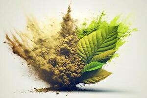 powder flavored explosion white background with kratom leafs mockup for matcha tea. photo