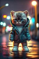 toy cute cat in clothes jacket and sneakers on street background with neon lighting, photo