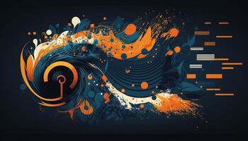 Background banner Music and sound with some technology, orange and dark blue color.Gold music notes and treble clef on line wave of sound tune. illustration template for music festival photo