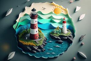 a top view paper art of Lighthouses and whales on the sea, sunny. Perfect for your project, texture, blog,gift paper, wrapping and environment. photo