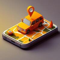 Online mobile application taxi ordering service , Orange taxi car driving along the route to the marker on a smart phone, on a city map. Car and satellite navigation systems concept. photo