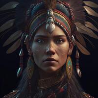 generativo ai nativo americano mujer en ceremonial cabeza vestido, reflexión de el silueta de tribal ancestros en su ojos. cerca arriba de vistoso vestido nativo mujer aislado en negro antecedentes. foto