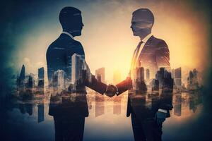 The double exposure image of two business man shaking hand with cityscape image. The concept of modern life, business, city life and internet of things. photo