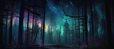 Silhouette forest with galaxy background. photo