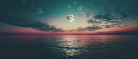 panorama ver de el mar vistoso cielo con nube y brillante lleno Luna en marina a noche. ai generativo foto