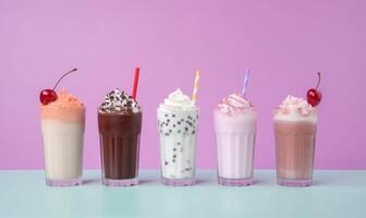 Assortment of milkshake on pastel background. photo
