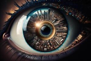 A photograph of a city from above inside the pupil of an eye realistic. Close-up Eye with a modern futuristic city inside it. Look for future. keep moving forward concept. photo