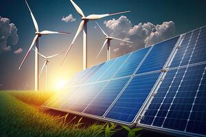 Renewable energy background with green energy as wind turbines and solar panels. green energy concept energy sources sustainable Ecology Elements photo