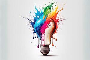 illustration of colorful bulb with splash of colors on white background. Creativity, eureka, imagination, inspiration. . Idea and solution concept photo