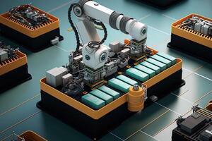 Interior of industry factory, Robot assembly line with electric car battery cells module on platform. photo