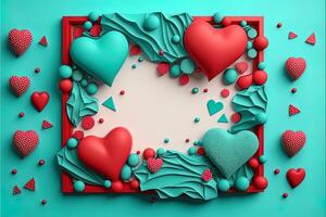 Valentine frame and banner. Red, blue, cyan, pink decoration. flat lay, romantic. Love and valentine day concept. photo