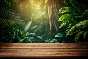 Tropical background with a wooden table on the forefront and lush vegetation with lots of copy space, perfect for editing with your product. Empty ready for your product display. photo