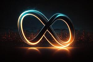 glowing neon infinity symbol in the night. . Infinity, eternity, infinite, endless, loop symbols. photo