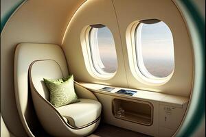 Luxurious first class airplane seat with lots of windows. visualization of the VIP cabin of a business class aircraft. Interior of a Private Jet photo