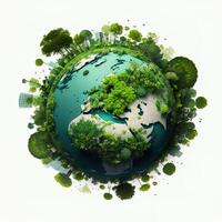 a green mini planet earth, Illustration of planet Earth with a giant tree. Energy saving, ecology and environment sustainable resources conservation concept. photo