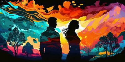 Generation AI abstract colorful vibrant colors male and female look together with landscape background. Concept of love photo