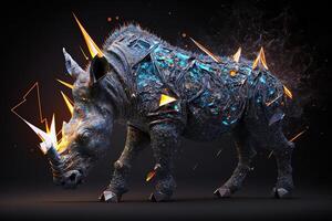 fusion of metal Rhino exploding through fire surrounded by scattered glass shards and debris, cosmic energy photo