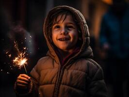 A kid holding a firework. photo