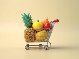 compras carro lleno de fruta, 3d ilustración compras concepto. ai generativo foto