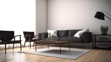 minimalista vivo habitación foto con mueble decoración. ai generativo